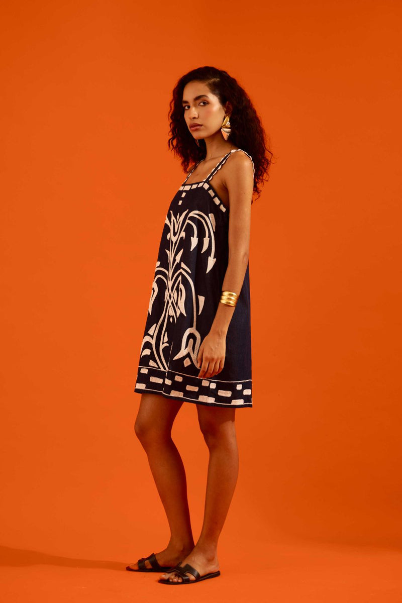 Midnight Blue Strappy Denim Shift Dress With Ivory Garden Thread Embroidery by Indian Summer Story in blue color for women Worldwide