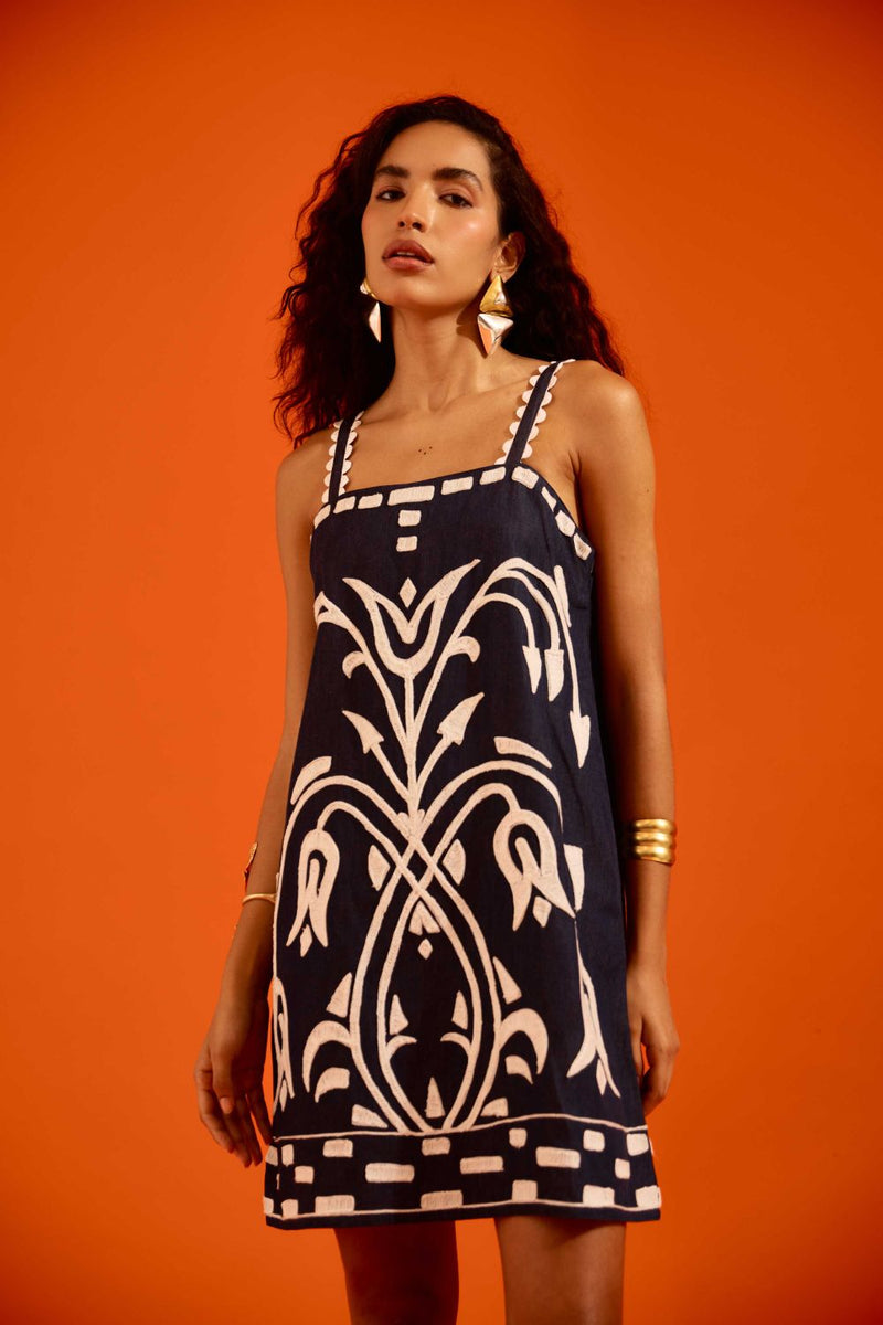 Midnight Blue Strappy Denim Shift Dress With Ivory Garden Thread Embroidery by Indian Summer Story in blue color for women Worldwide