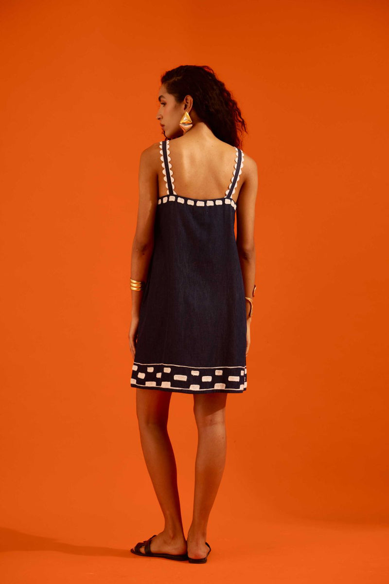 Midnight Blue Strappy Denim Shift Dress With Ivory Garden Thread Embroidery by Indian Summer Story in blue color for women Worldwide