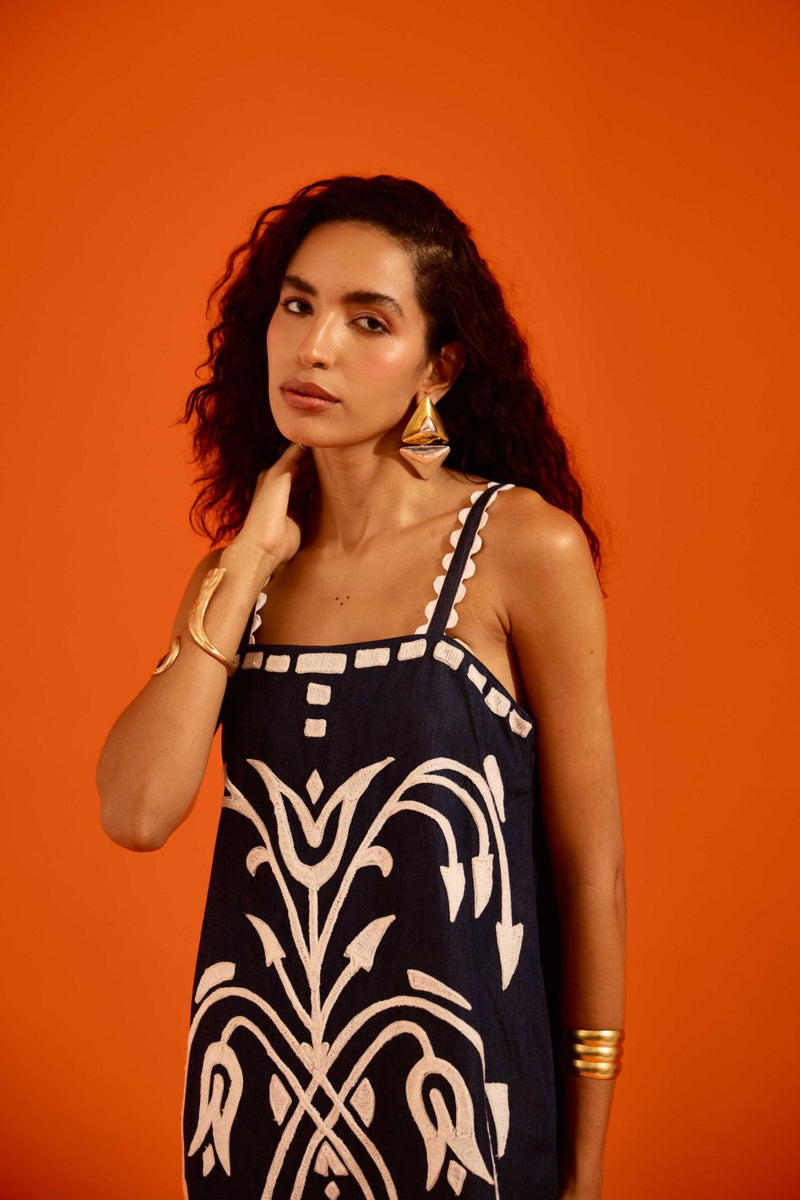 Midnight Blue Strappy Denim Shift Dress With Ivory Garden Thread Embroidery by Indian Summer Story in blue color for women Worldwide