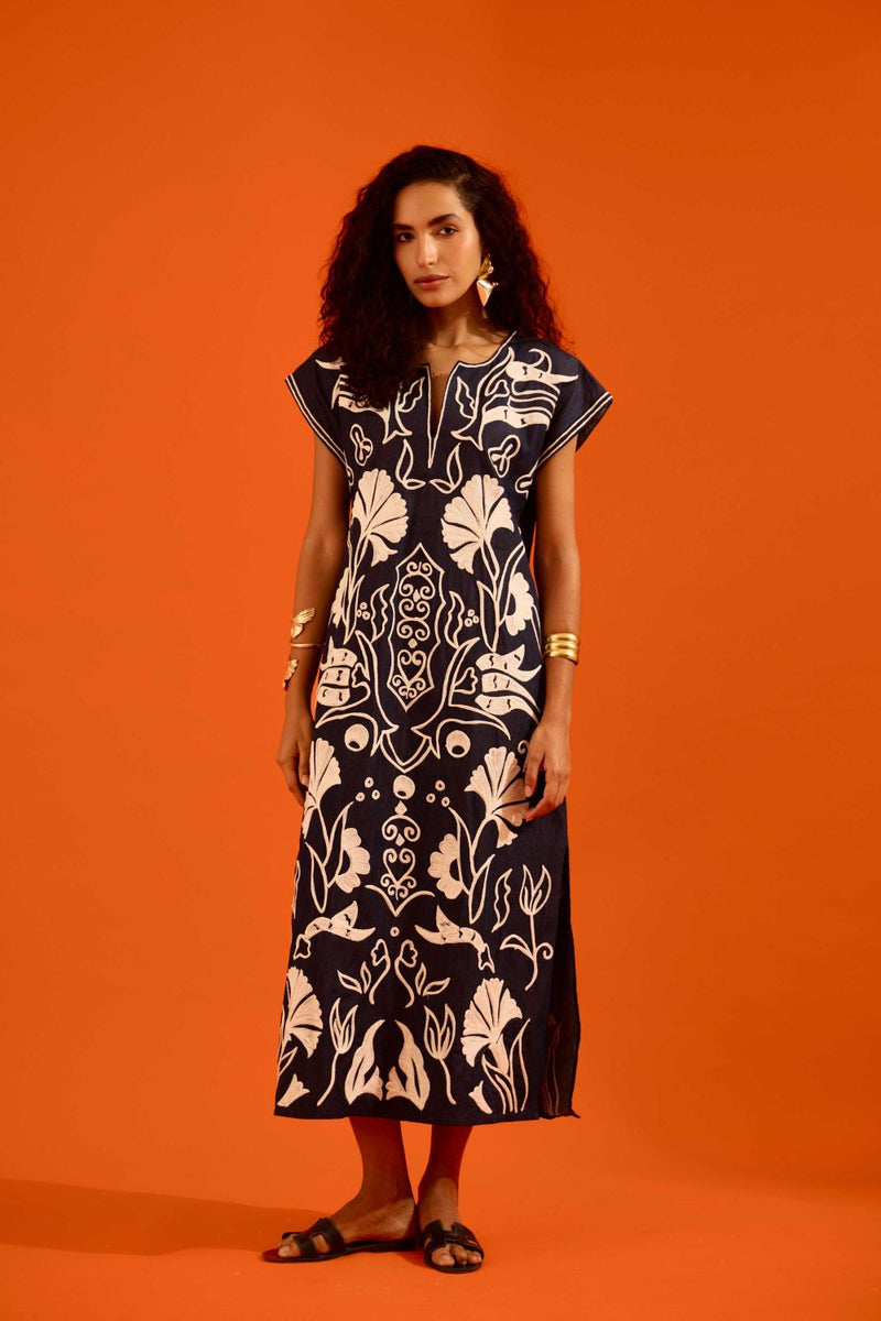 Blue Denim Maxi Dress With Ivory Garden Thread Embroidery by Indian Summer Story in blue color for women Worldwide