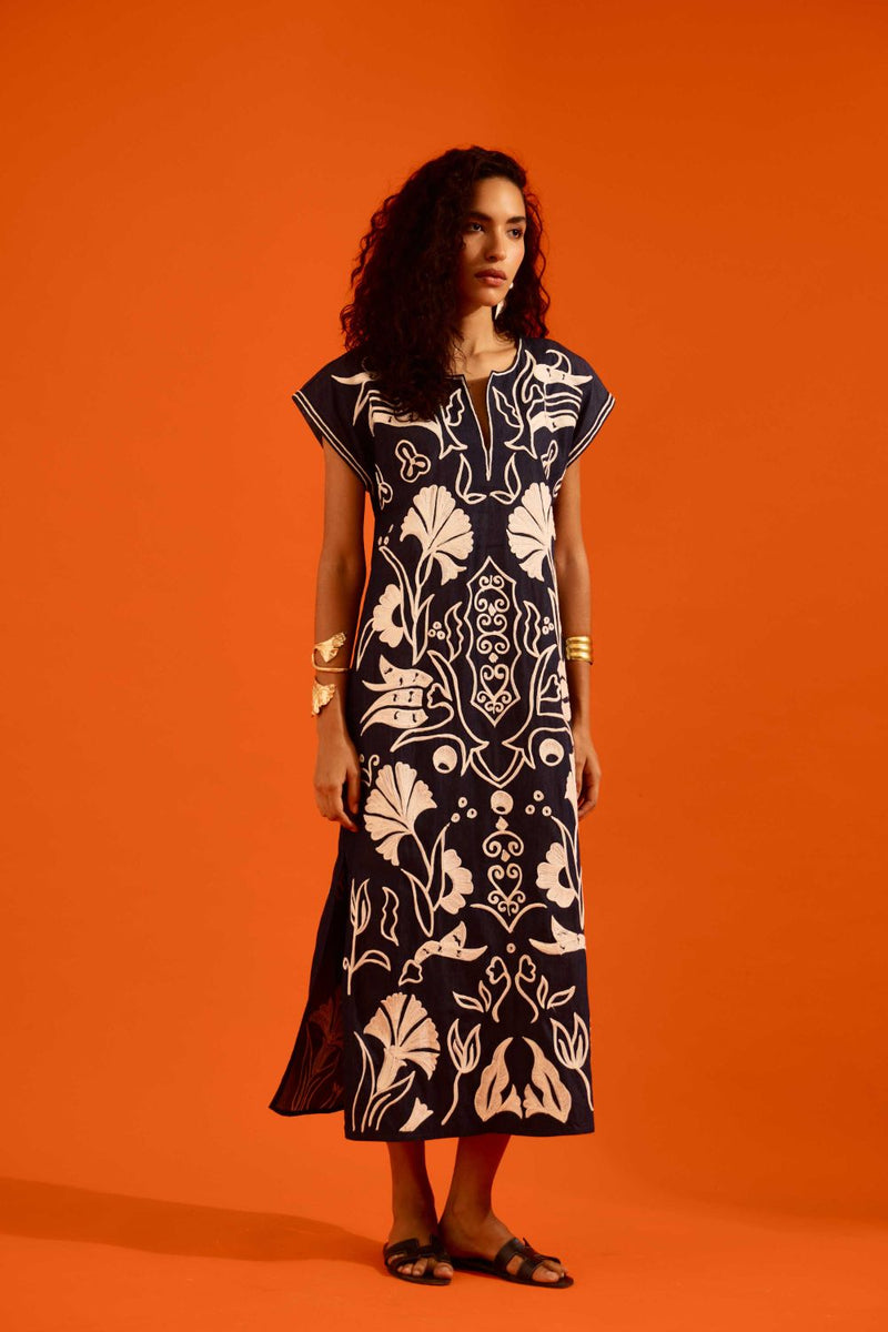 Blue Denim Maxi Dress With Ivory Garden Thread Embroidery by Indian Summer Story in blue color for women Worldwide