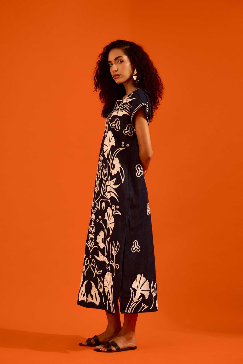 Blue Denim Maxi Dress With Ivory Garden Thread Embroidery by Indian Summer Story in blue color for women Worldwide