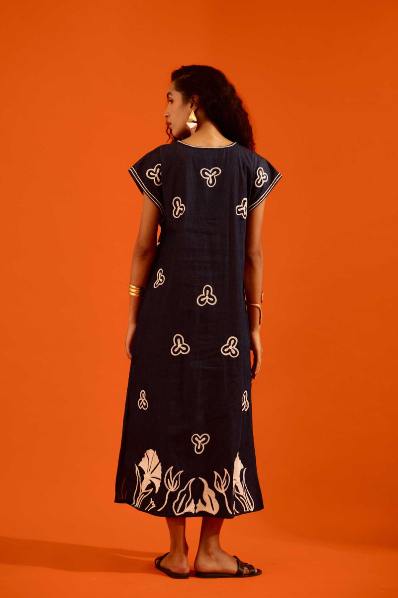 Blue Denim Maxi Dress With Ivory Garden Thread Embroidery by Indian Summer Story in blue color for women Worldwide