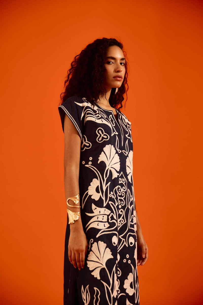 Blue Denim Maxi Dress With Ivory Garden Thread Embroidery by Indian Summer Story in blue color for women Worldwide