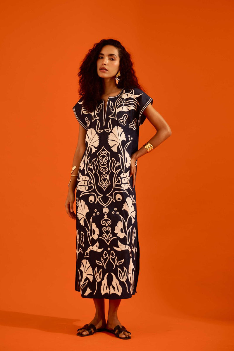Blue Denim Maxi Dress With Ivory Garden Thread Embroidery by Indian Summer Story in blue color for women Worldwide