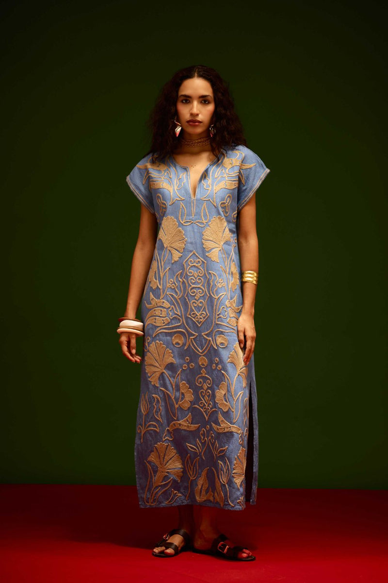 Denim Blue Cotton Maxi Dress With Orange Garden Thread Embroidery by Indian Summer Story in blue color for women Worldwide