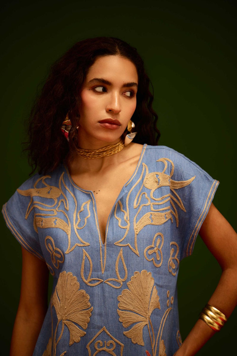 Denim Blue Cotton Maxi Dress With Orange Garden Thread Embroidery by Indian Summer Story in blue color for women Worldwide