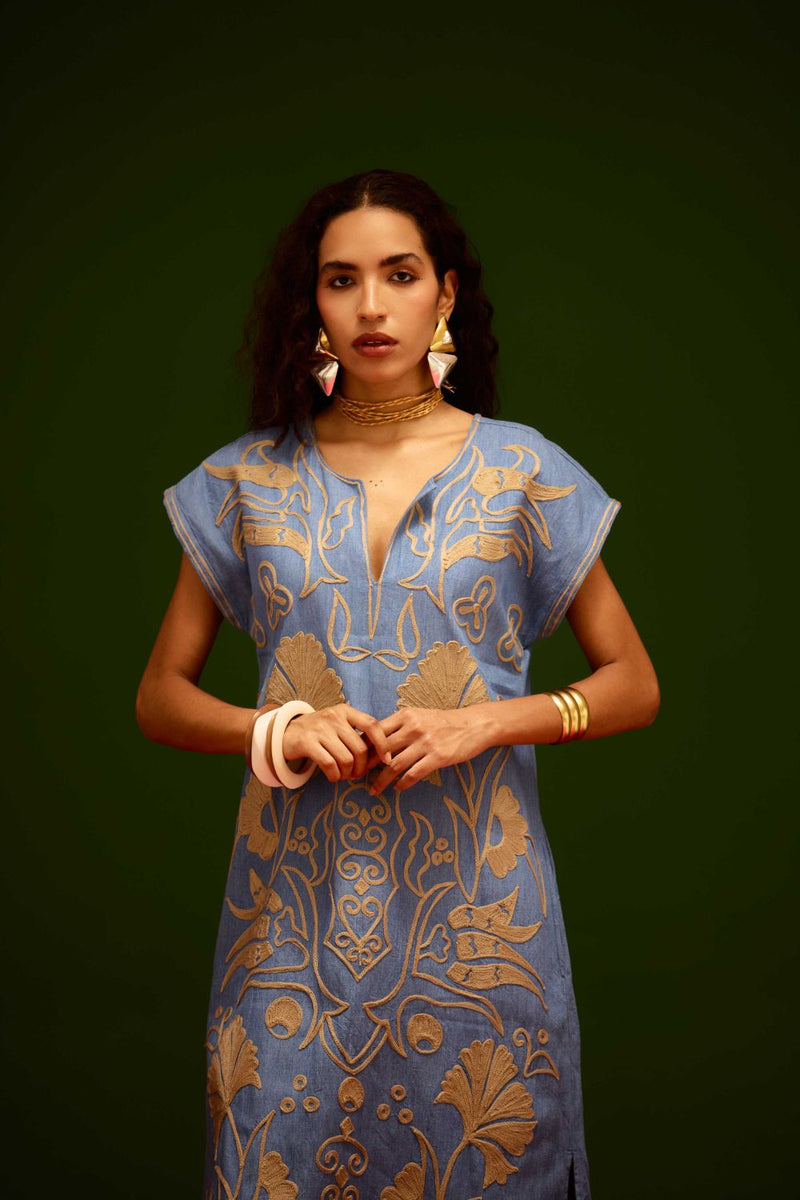 Denim Blue Cotton Maxi Dress With Orange Garden Thread Embroidery by Indian Summer Story in blue color for women Worldwide