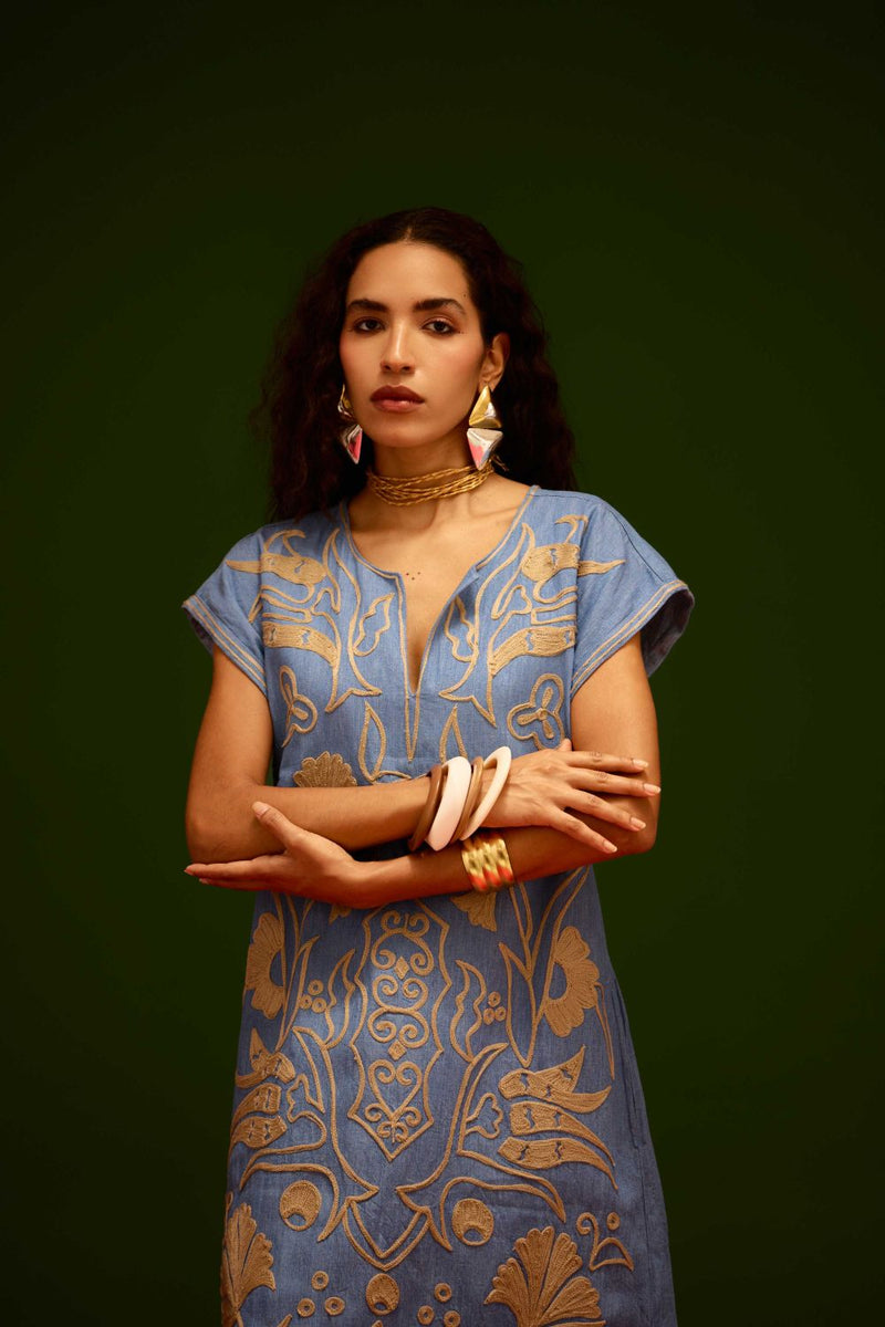 Denim Blue Cotton Maxi Dress With Orange Garden Thread Embroidery by Indian Summer Story in blue color for women Worldwide