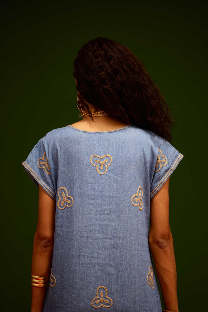 Denim Blue Cotton Maxi Dress With Orange Garden Thread Embroidery by Indian Summer Story in blue color for women Worldwide