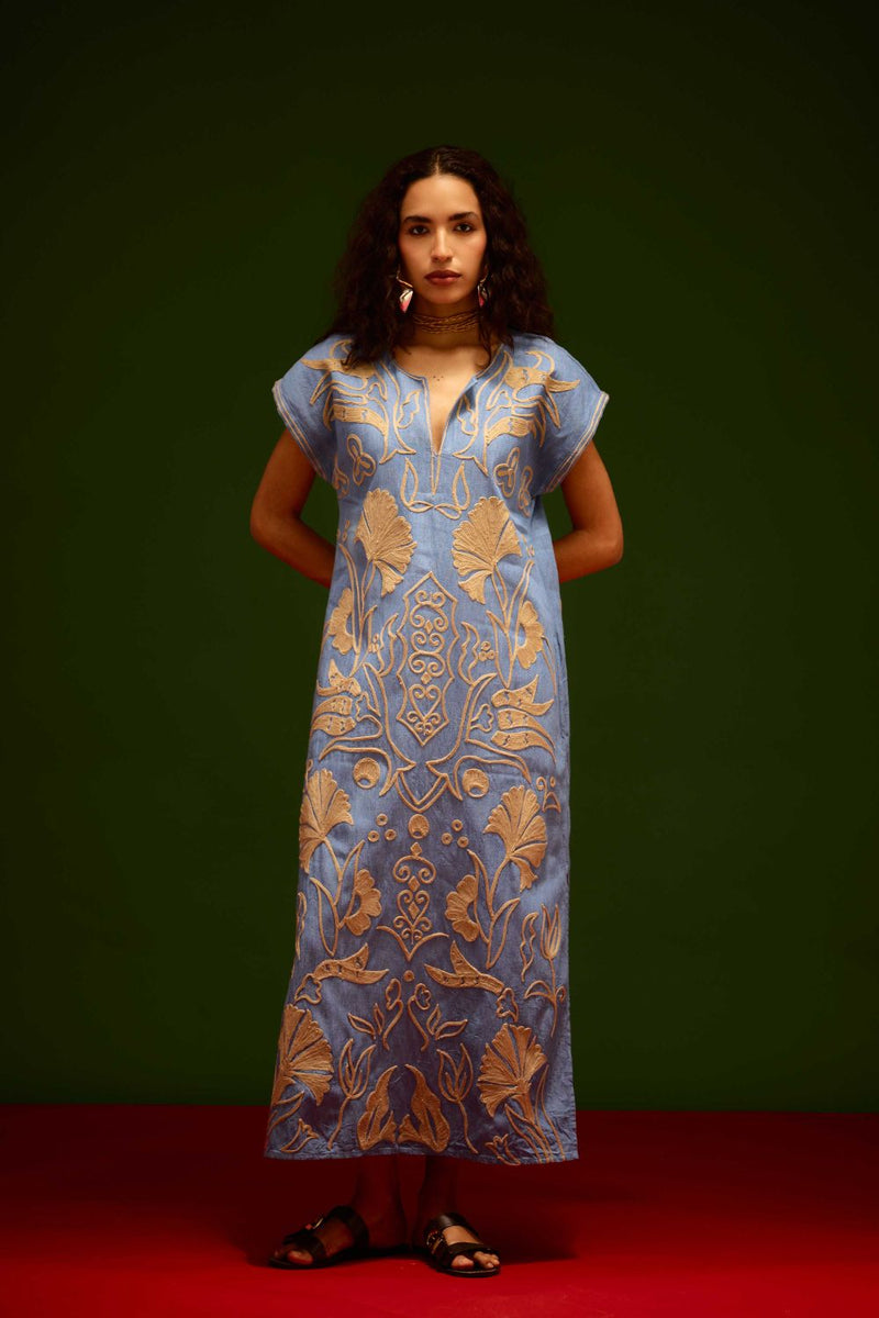 Denim Blue Cotton Maxi Dress With Orange Garden Thread Embroidery by Indian Summer Story in blue color for women Worldwide