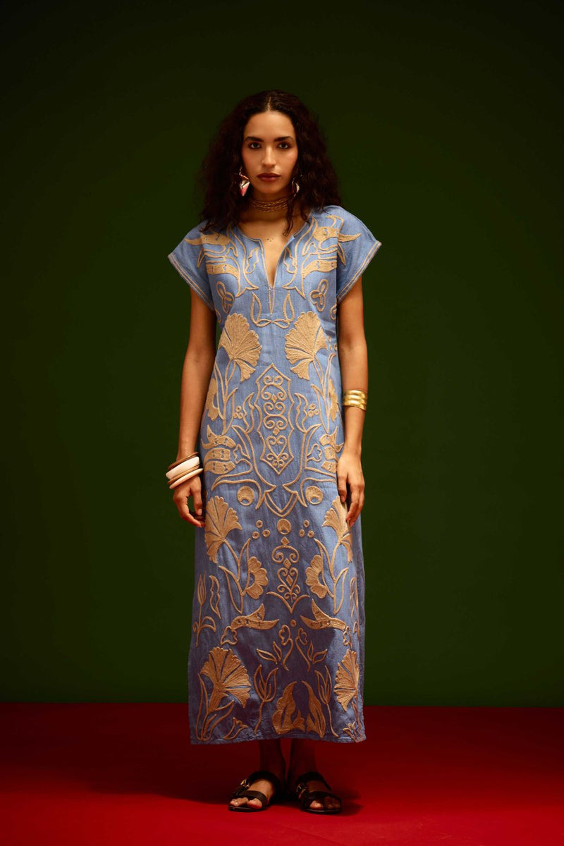 Denim Blue Cotton Maxi Dress With Orange Garden Thread Embroidery by Indian Summer Story in blue color for women Worldwide