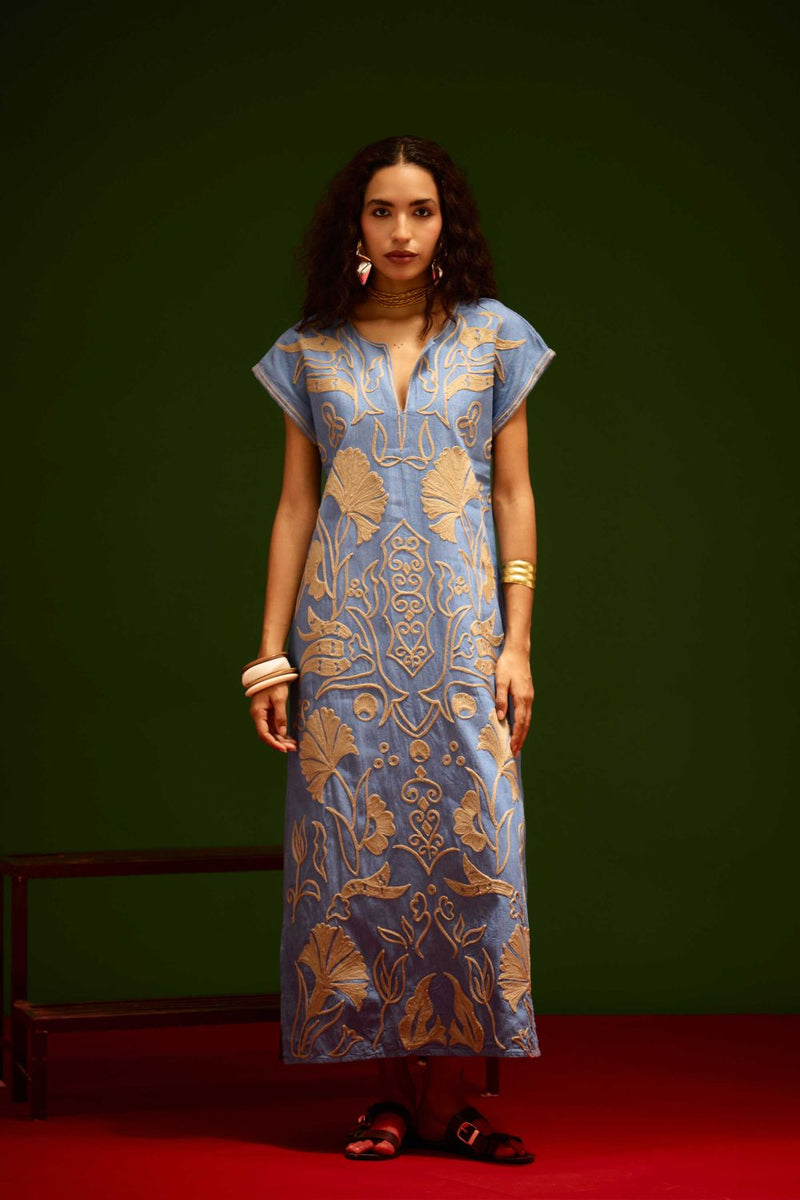 Denim Blue Cotton Maxi Dress With Orange Garden Thread Embroidery by Indian Summer Story in blue color for women Worldwide