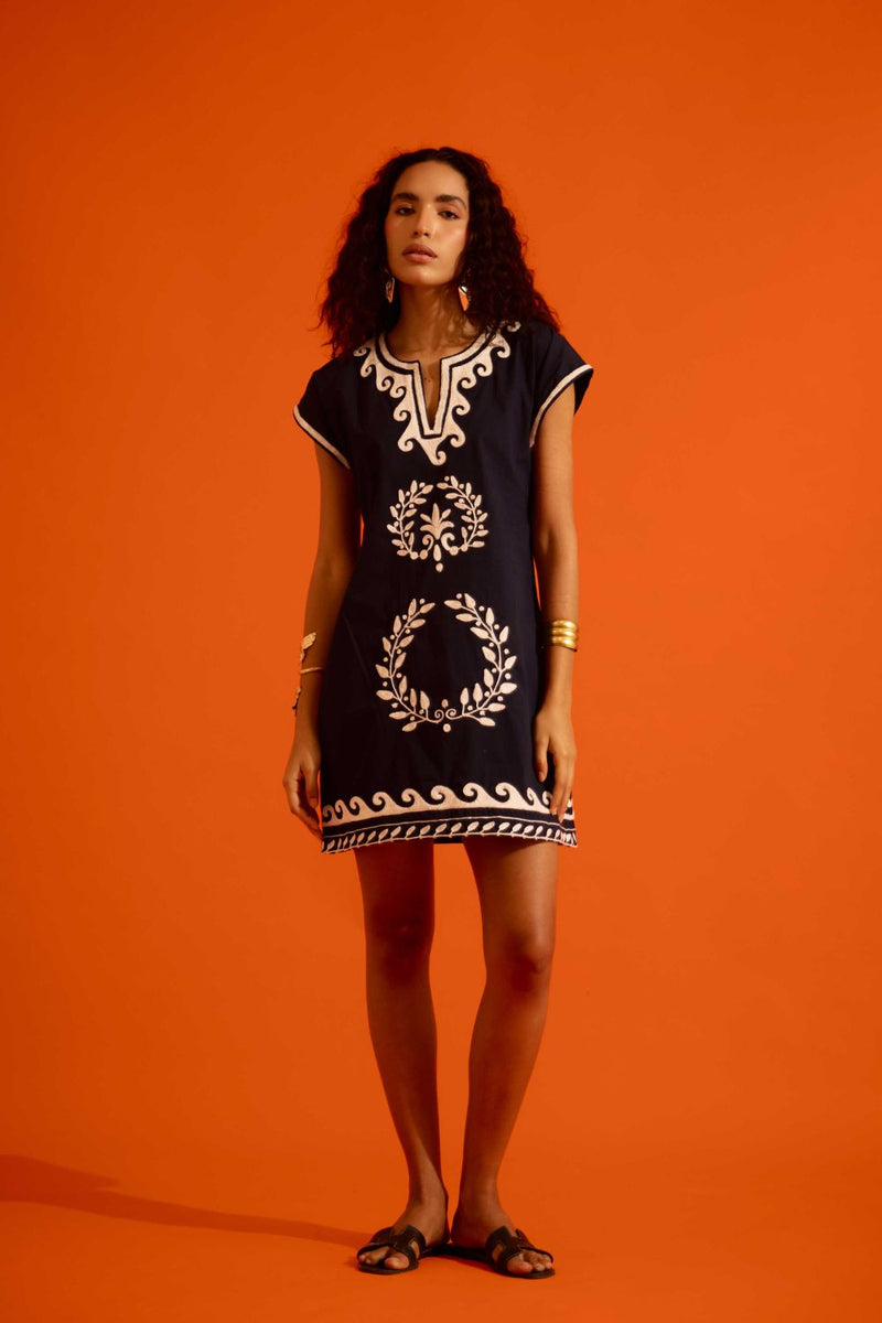 Black Cotton Shift Dress With Ivory Wave Thread Embroidery poplin by Indian Summer Story in black color for women Worldwide