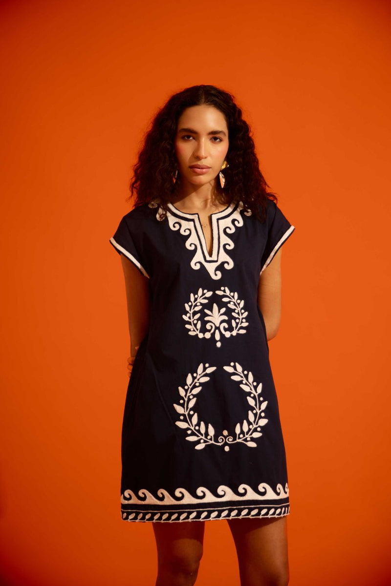Black Cotton Shift Dress With Ivory Wave Thread Embroidery poplin by Indian Summer Story in black color for women Worldwide