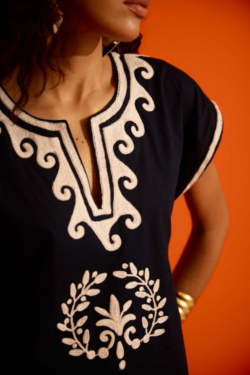 Black Cotton Shift Dress With Ivory Wave Thread Embroidery poplin by Indian Summer Story in black color for women Worldwide