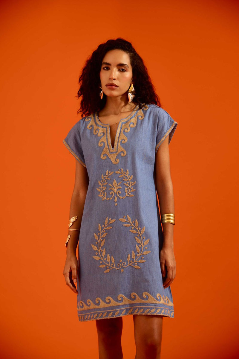 Denim Blue Cotton Shift Dress With Natural Wave Thread Embroidery by Indian Summer Story in blue color for women Worldwide