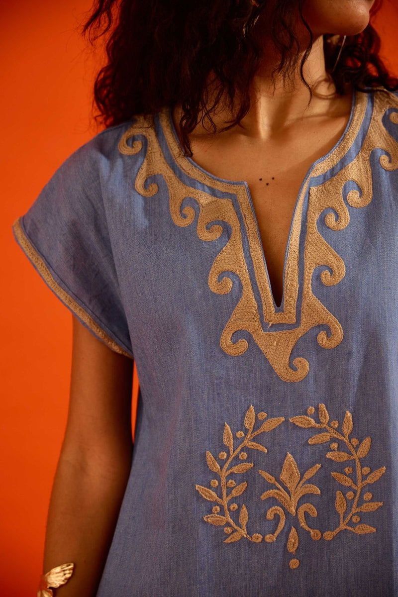 Denim Blue Cotton Shift Dress With Natural Wave Thread Embroidery by Indian Summer Story in blue color for women Worldwide