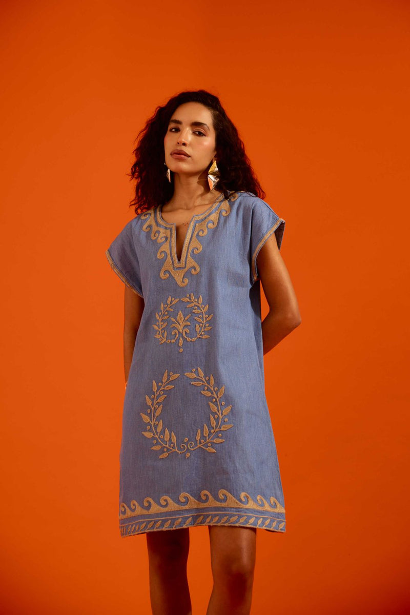 Denim Blue Cotton Shift Dress With Natural Wave Thread Embroidery by Indian Summer Story in blue color for women Worldwide