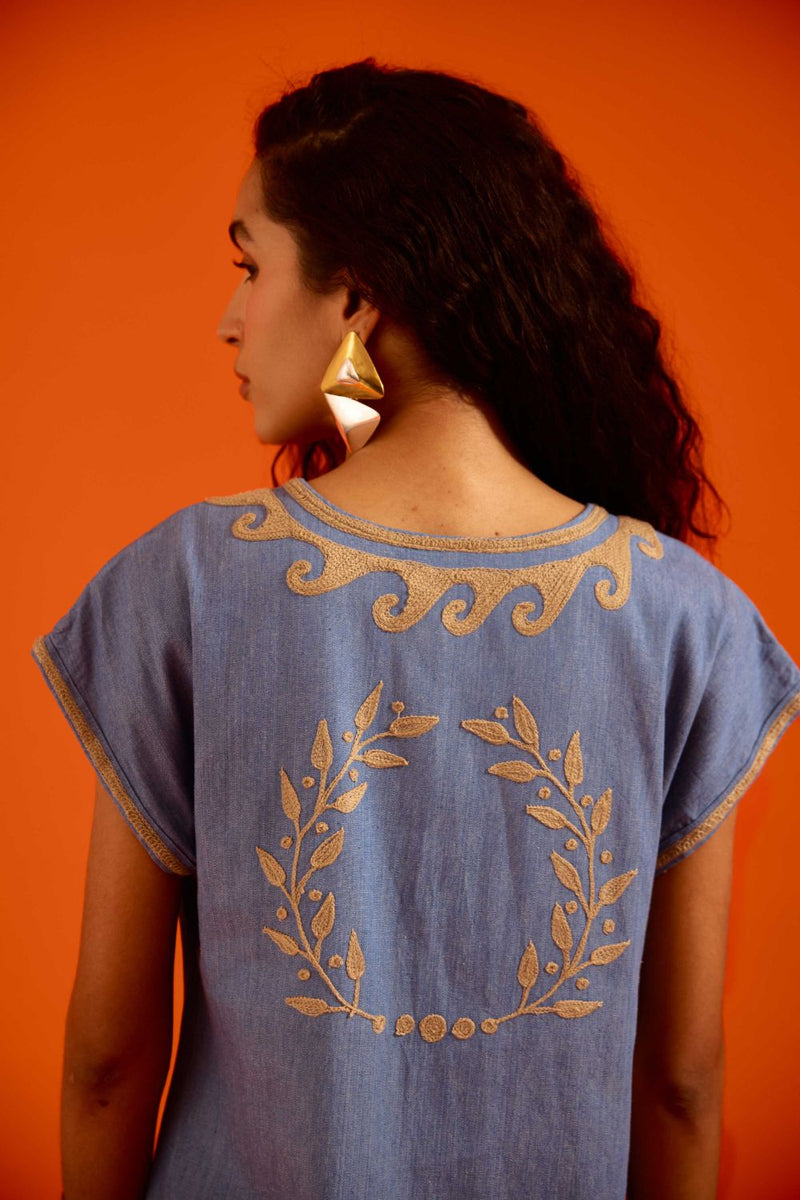Denim Blue Cotton Shift Dress With Natural Wave Thread Embroidery by Indian Summer Story in blue color for women Worldwide