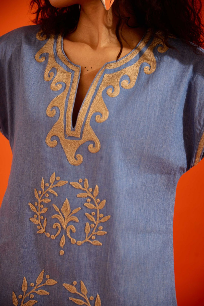 Denim Blue Cotton Shift Dress With Natural Wave Thread Embroidery by Indian Summer Story in blue color for women Worldwide