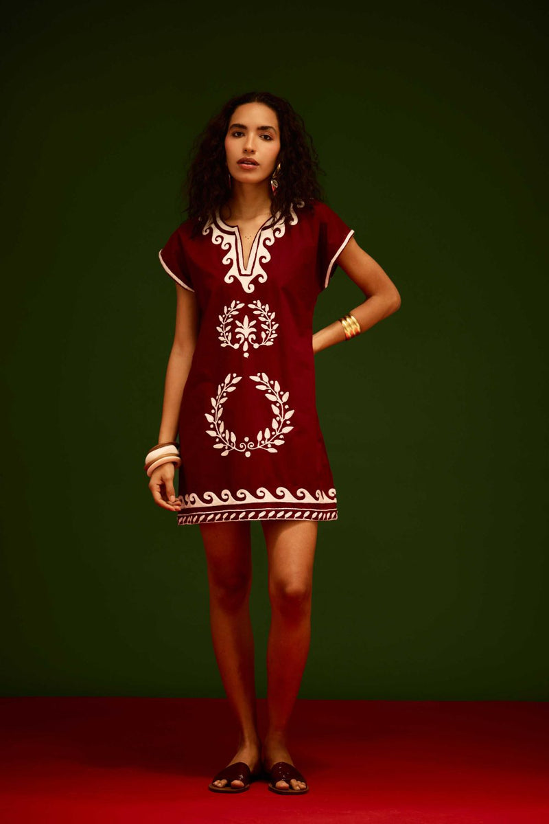 Burgundy Wine Cotton Shift Dress With Ivory Wave Thread Embroidery poplin by Indian Summer Story for women Worldwide