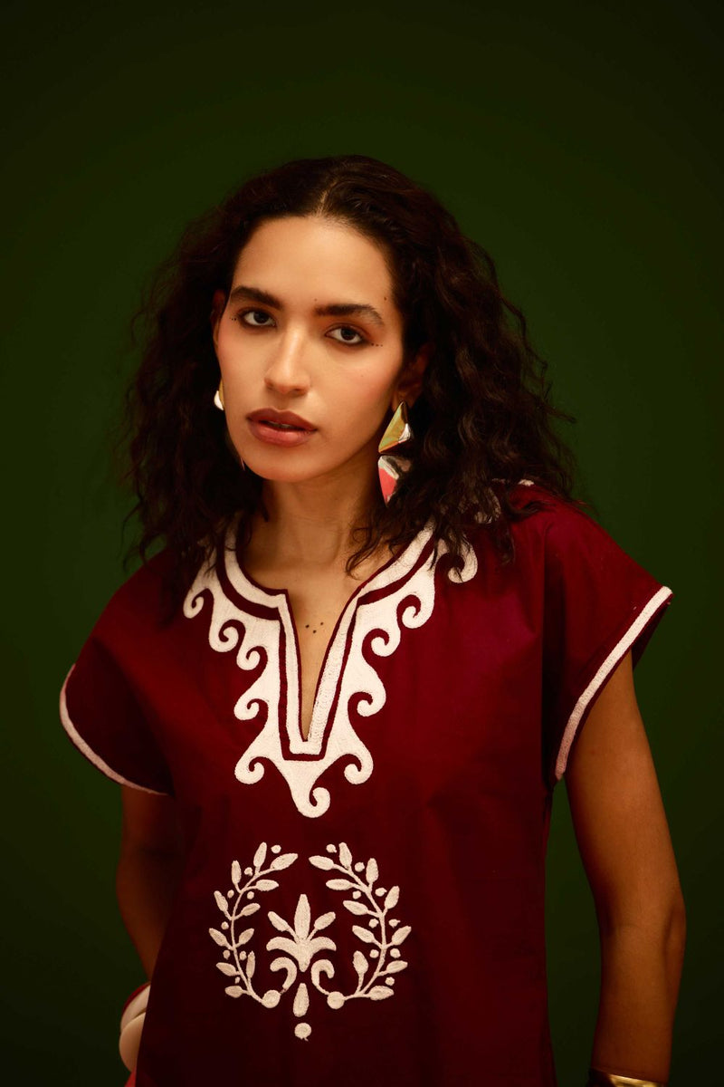 Burgundy Wine Cotton Shift Dress With Ivory Wave Thread Embroidery poplin by Indian Summer Story for women Worldwide