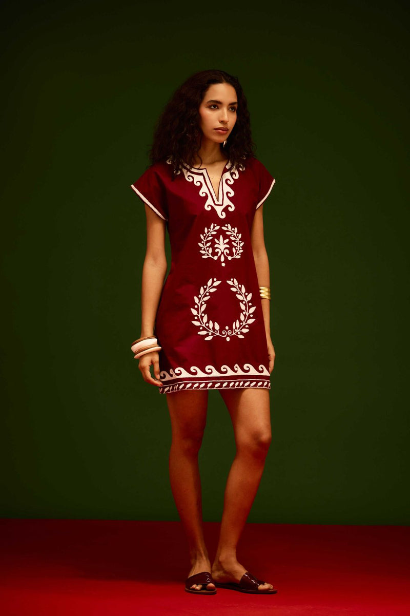 Burgundy Wine Cotton Shift Dress With Ivory Wave Thread Embroidery poplin by Indian Summer Story for women Worldwide