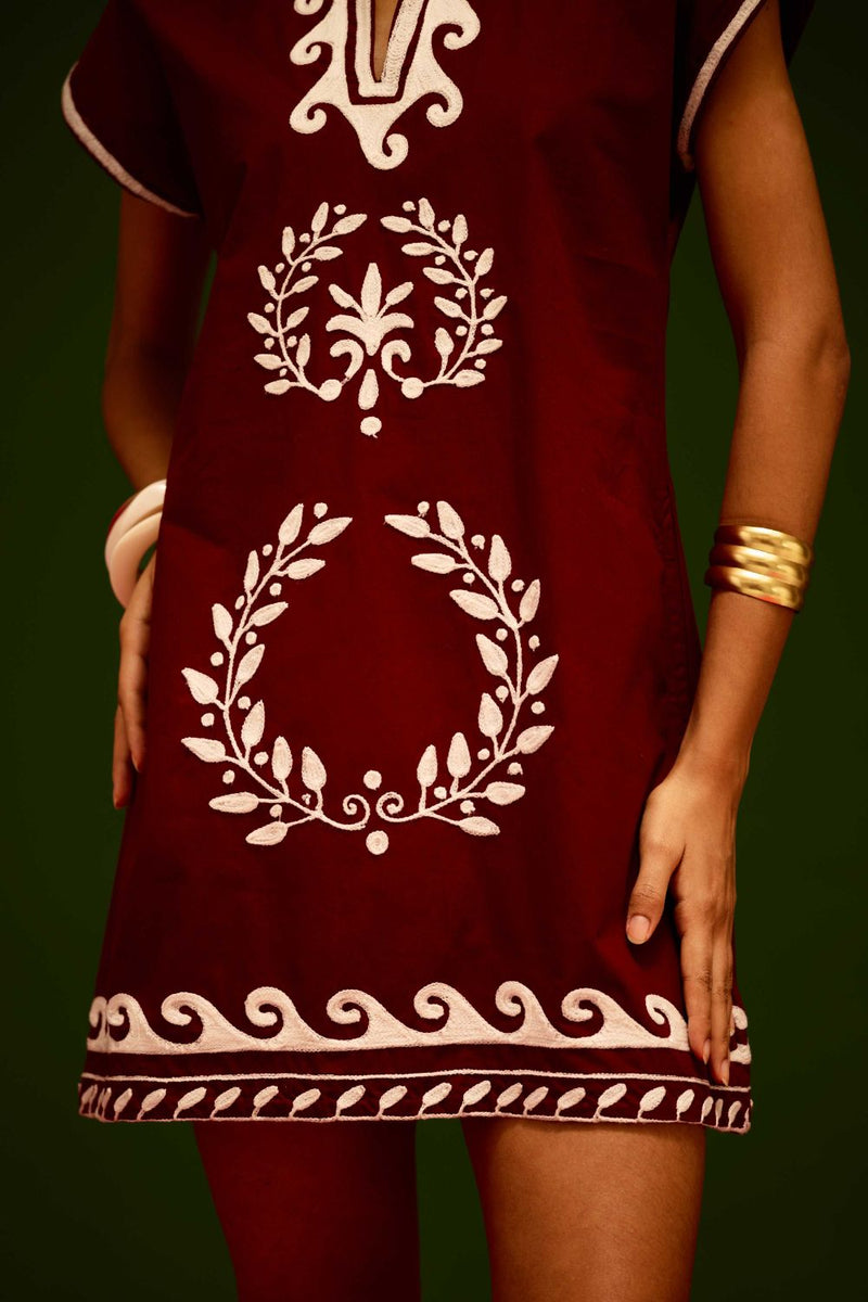 Burgundy Wine Cotton Shift Dress With Ivory Wave Thread Embroidery poplin by Indian Summer Story for women Worldwide