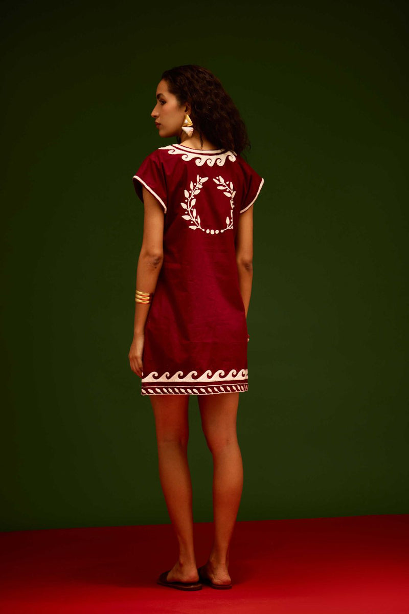 Burgundy Wine Cotton Shift Dress With Ivory Wave Thread Embroidery poplin by Indian Summer Story for women Worldwide