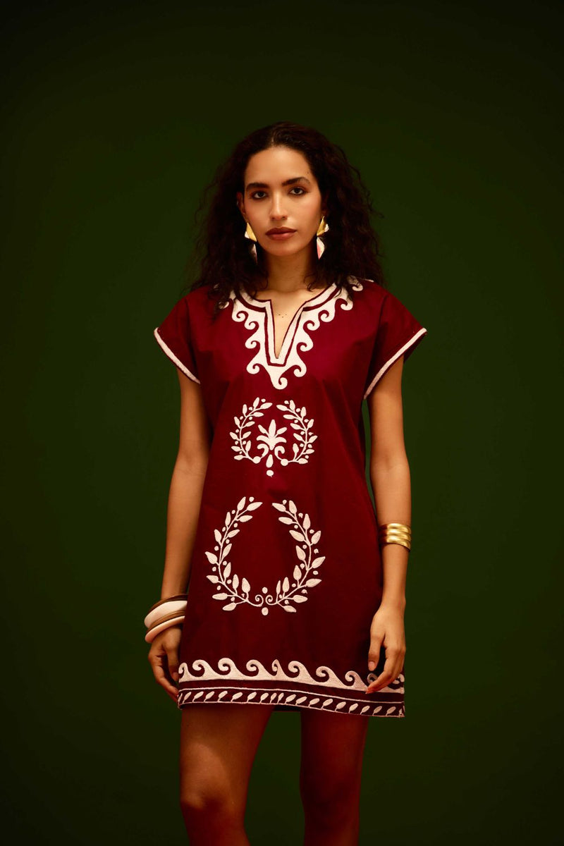 Burgundy Wine Cotton Shift Dress With Ivory Wave Thread Embroidery poplin by Indian Summer Story for women Worldwide