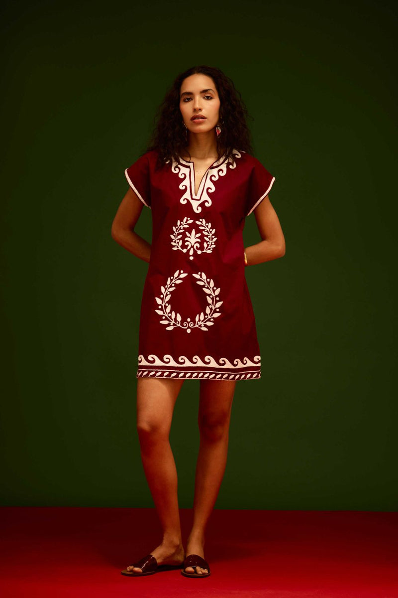 Burgundy Wine Cotton Shift Dress With Ivory Wave Thread Embroidery poplin by Indian Summer Story for women Worldwide