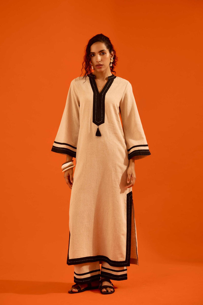 Natural Jute Tunic Set With Black Thread Embroidery by Indian Summer Story in beige color for women Worldwide