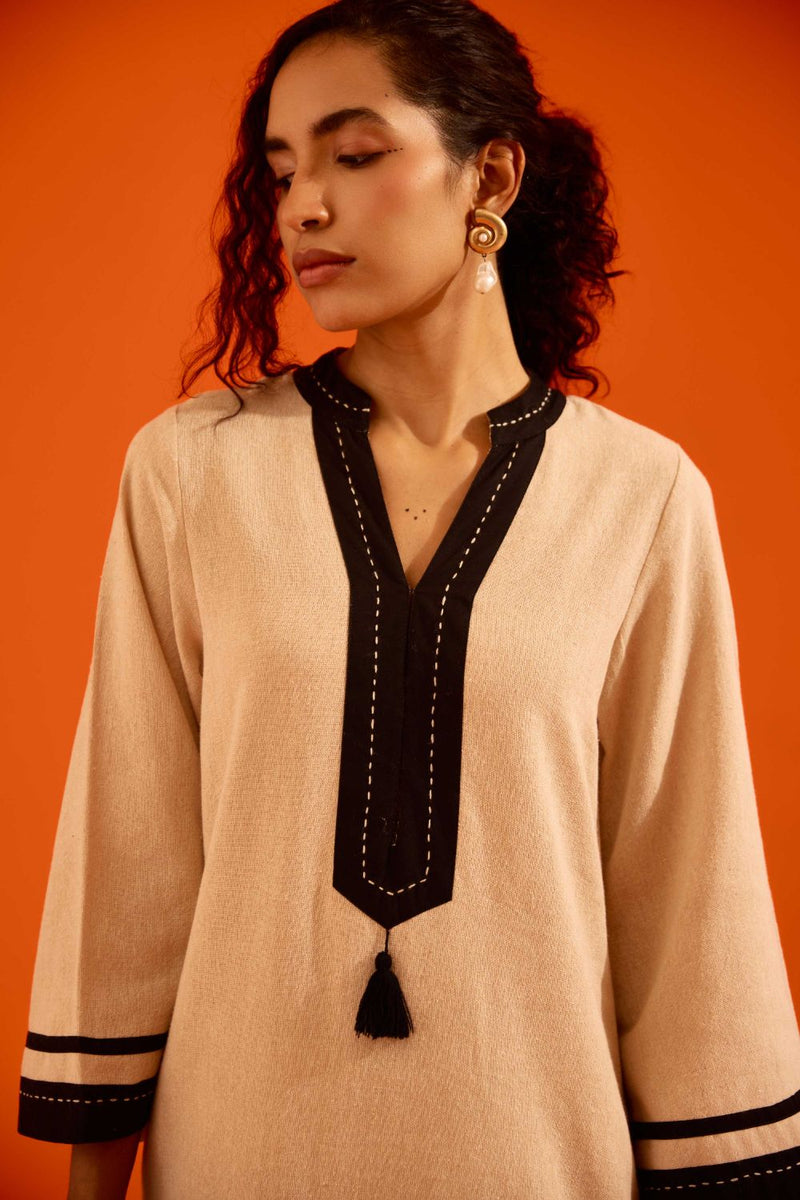 Natural Jute Tunic Set With Black Thread Embroidery by Indian Summer Story in beige color for women Worldwide