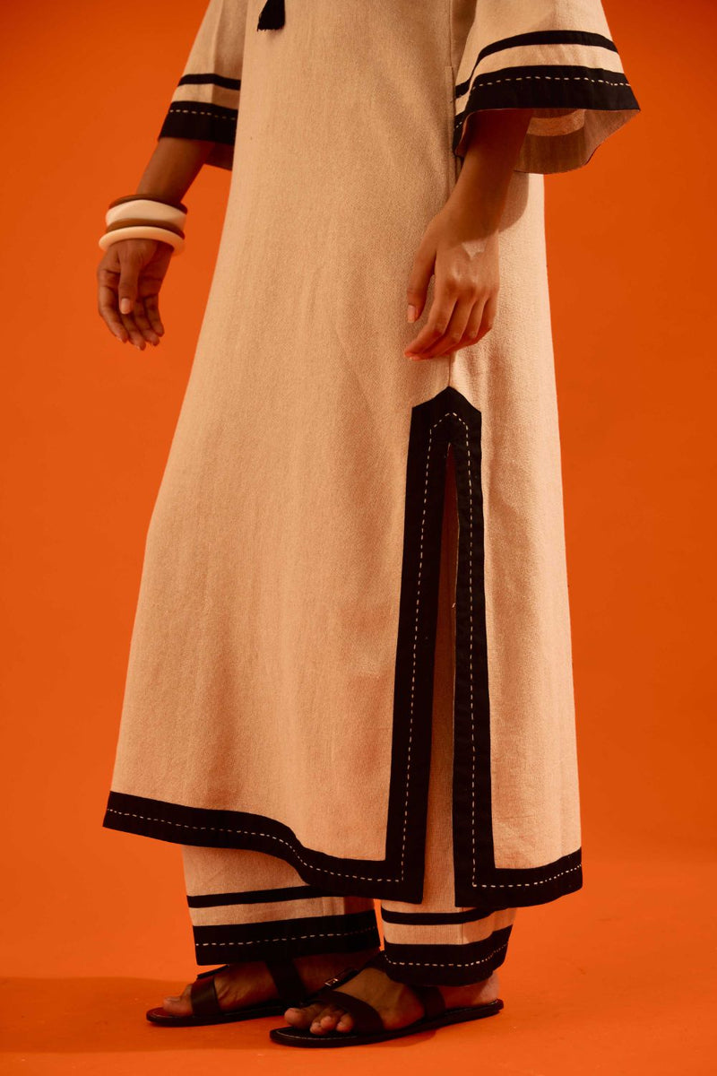 Natural Jute Tunic Set With Black Thread Embroidery by Indian Summer Story in beige color for women Worldwide