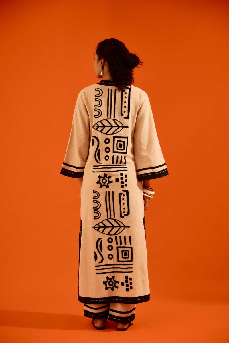 Natural Jute Tunic Set With Black Thread Embroidery by Indian Summer Story in beige color for women Worldwide