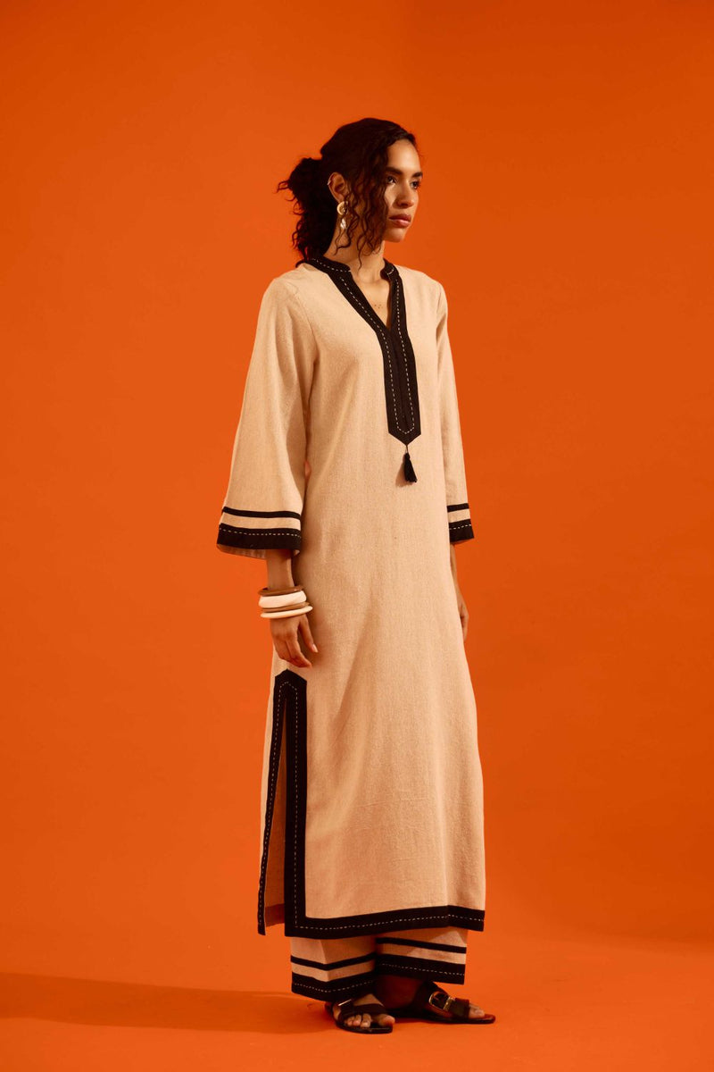 Natural Jute Tunic Set With Black Thread Embroidery by Indian Summer Story in beige color for women Worldwide