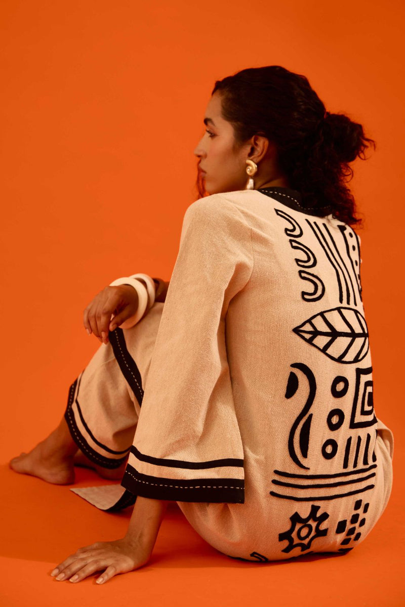 Natural Jute Tunic Set With Black Thread Embroidery by Indian Summer Story in beige color for women Worldwide