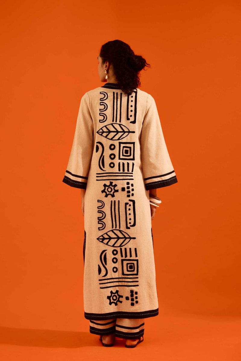 Natural Jute Tunic Set With Black Thread Embroidery by Indian Summer Story in beige color for women Worldwide