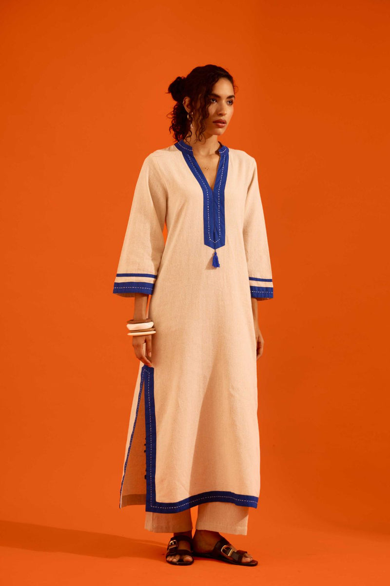 Natural Jute Tunic Set With Indigo Blue Thread Embroidery by Indian Summer Story in beige color for women Worldwide