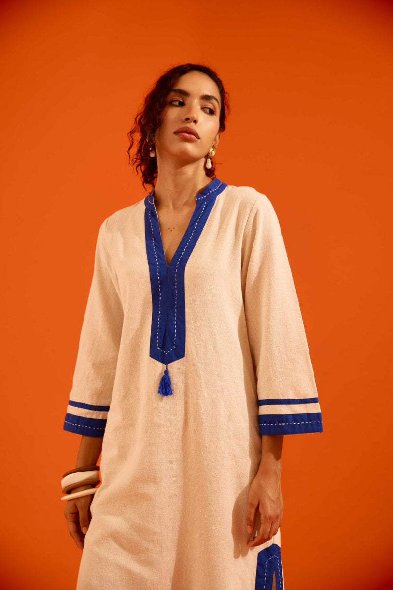 Natural Jute Tunic Set With Indigo Blue Thread Embroidery by Indian Summer Story in beige color for women Worldwide