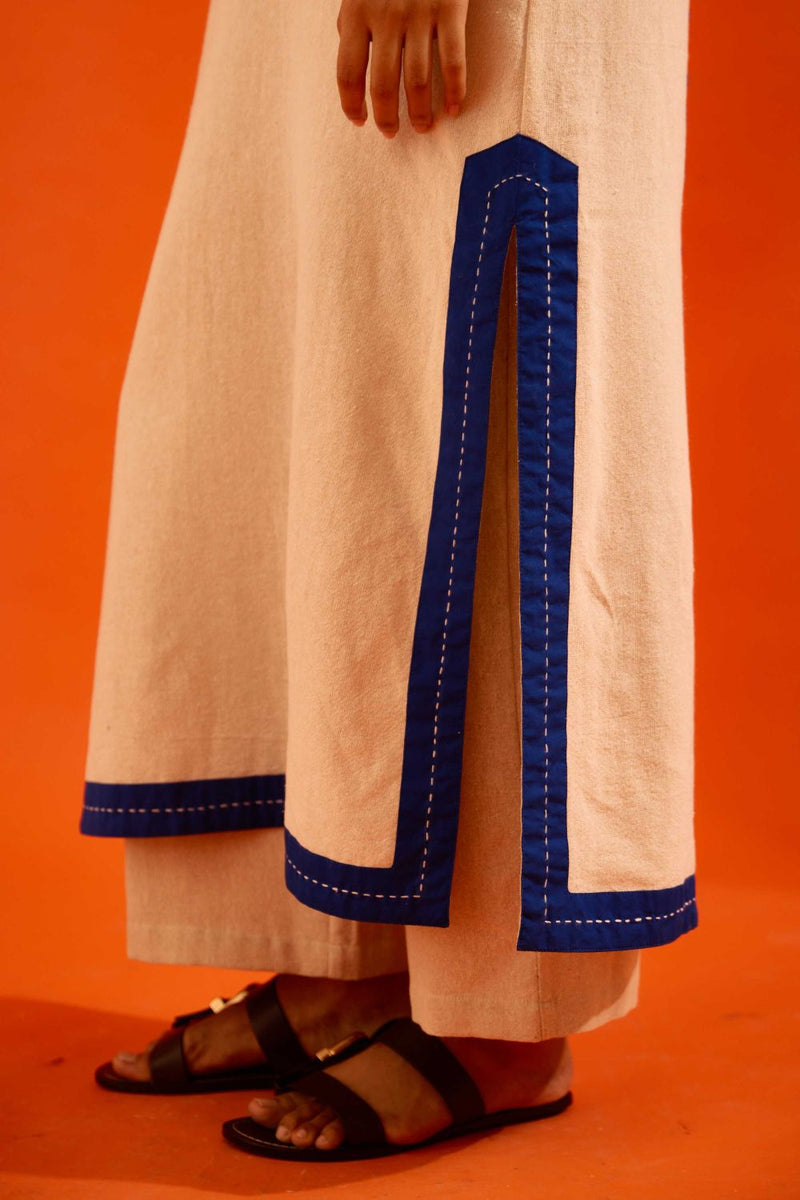Natural Jute Tunic Set With Indigo Blue Thread Embroidery by Indian Summer Story in beige color for women Worldwide