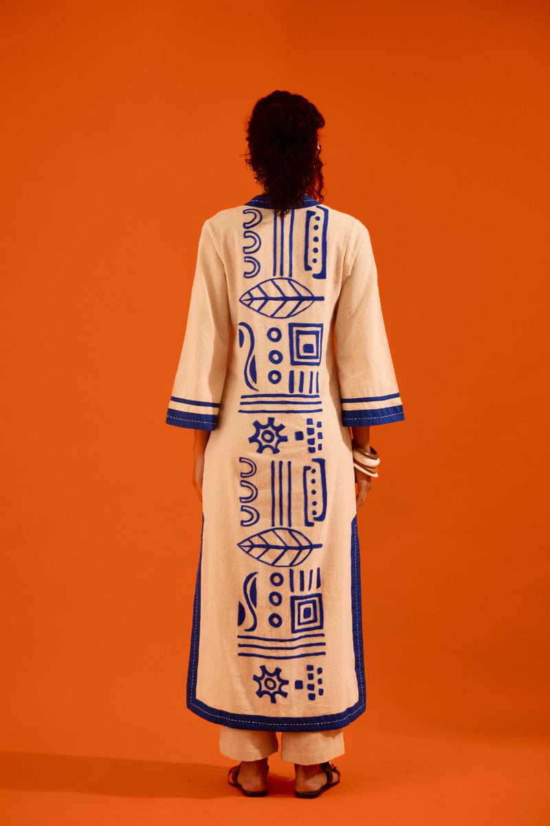 Natural Jute Tunic Set With Indigo Blue Thread Embroidery by Indian Summer Story in beige color for women Worldwide
