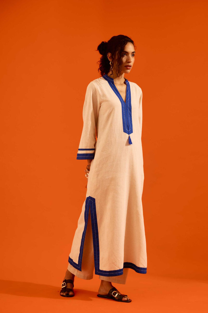 Natural Jute Tunic Set With Indigo Blue Thread Embroidery by Indian Summer Story in beige color for women Worldwide
