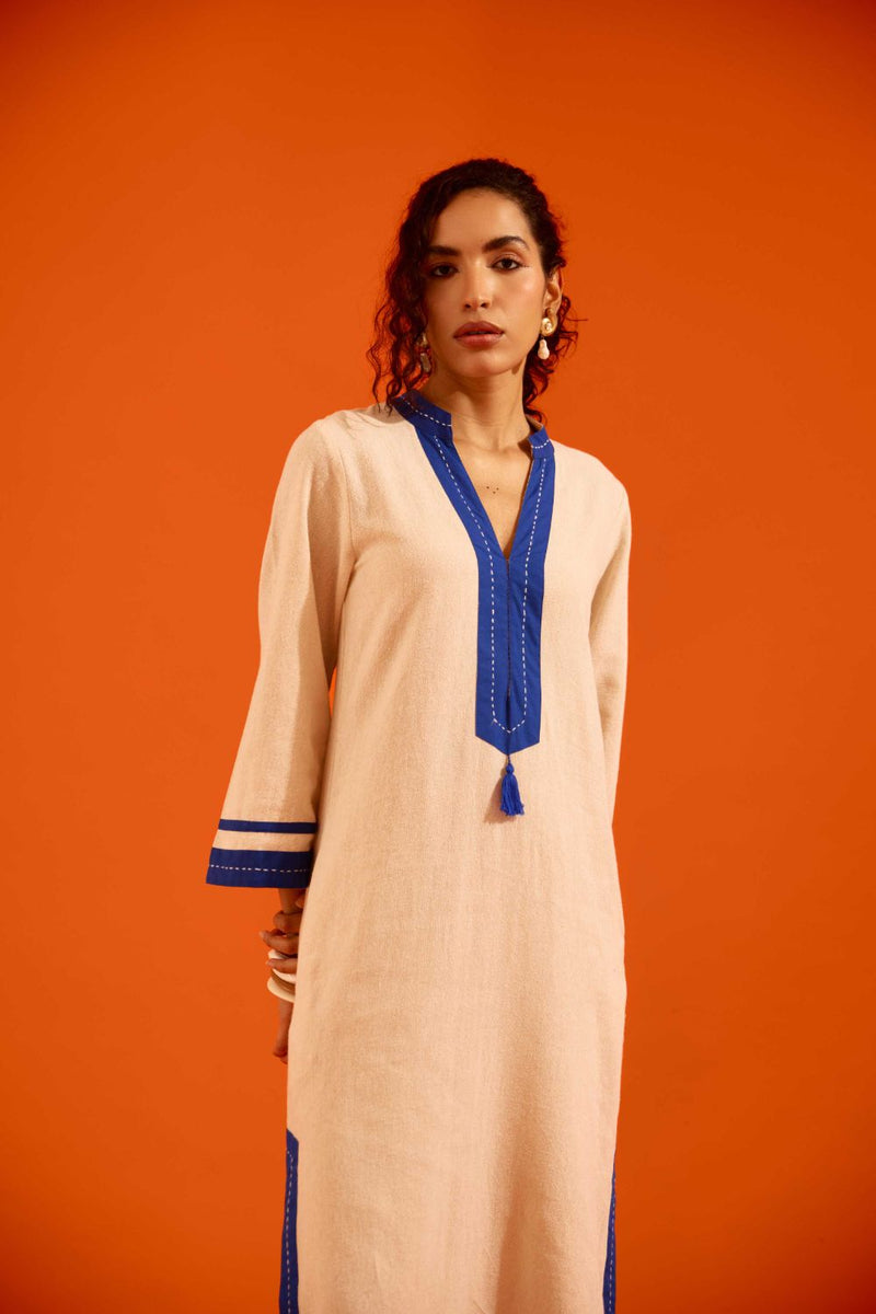 Natural Jute Tunic Set With Indigo Blue Thread Embroidery by Indian Summer Story in beige color for women Worldwide
