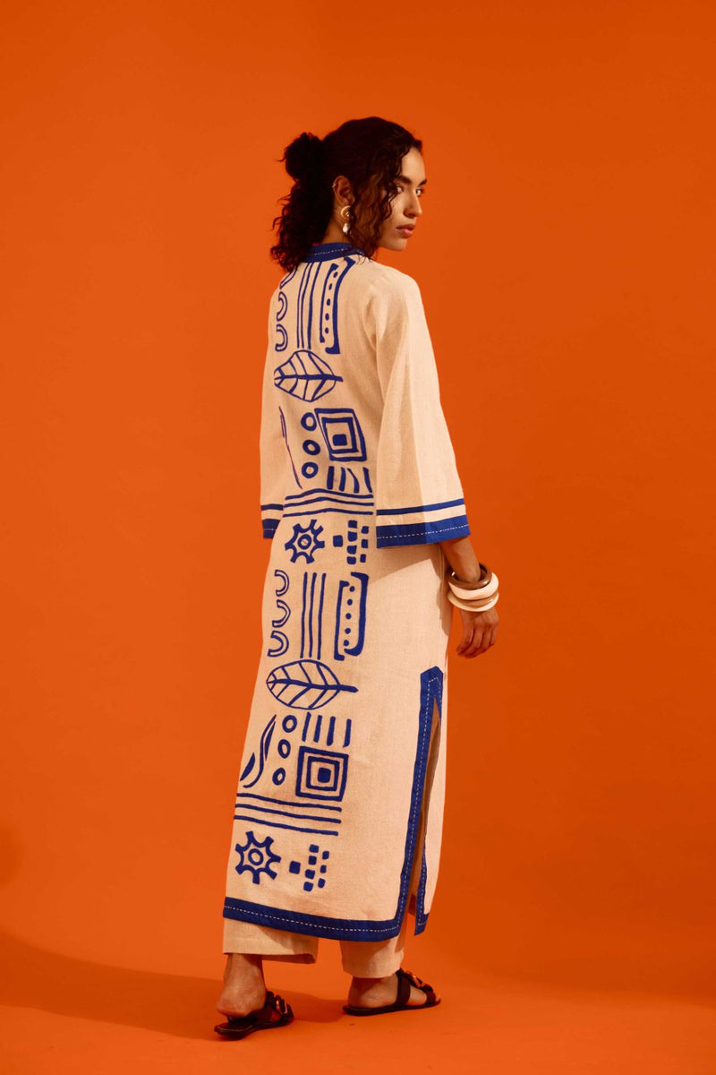 Natural Jute Tunic Set With Indigo Blue Thread Embroidery by Indian Summer Story in beige color for women Worldwide