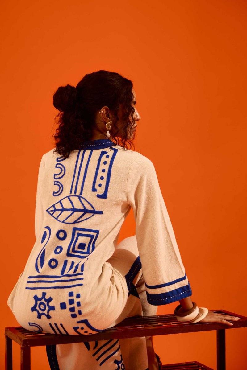 Natural Jute Tunic Set With Indigo Blue Thread Embroidery by Indian Summer Story in beige color for women Worldwide