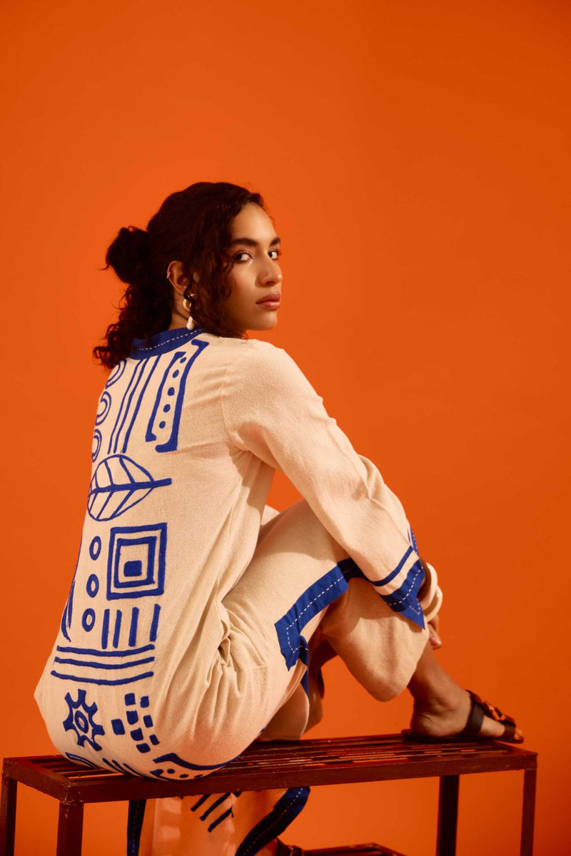 Natural Jute Tunic Set With Indigo Blue Thread Embroidery by Indian Summer Story in beige color for women Worldwide