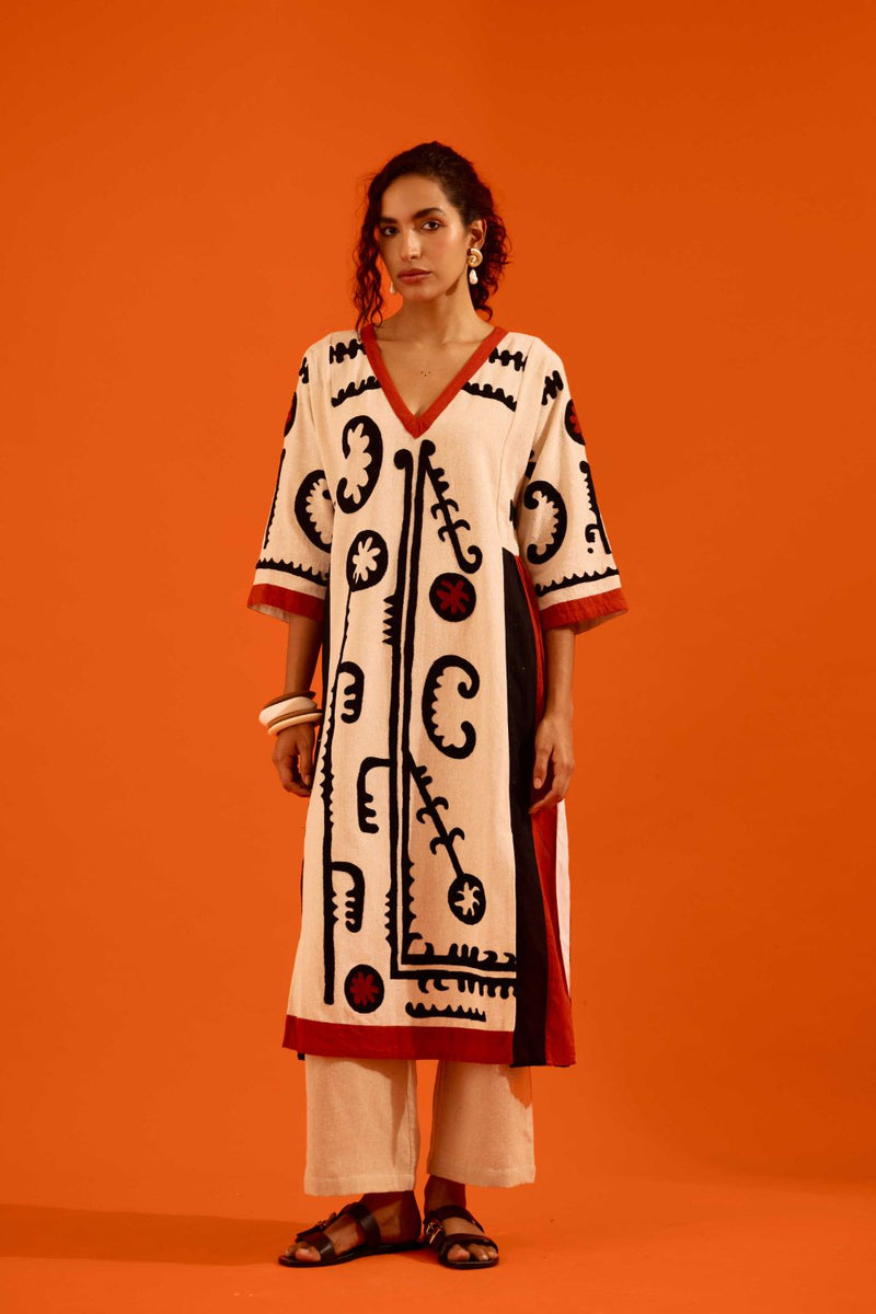 Natural Jute Thread Embroidered Tunic Set With Multi Color Maasai Motif TRI-AW-038 by Indian Summer Story in beige color for women Worldwide